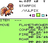 A screenshot of Vulpix at Level 2 in Pokemon Gold that knows Flamethrower and Confuse Ray